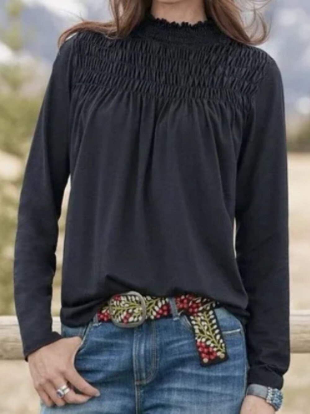 Sundance Gabrielle Dreamer Smocked Mock Neck Blouse, Black - Womens Small